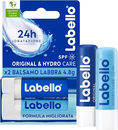 Labello Bipack Classic Care e Labello Hydro Care Burrocacao labbra 2 x 4.8 g, Balsamo Labbra in confezione doppia, Duo balsamo idratante burrocacao protezione solare SPF 15