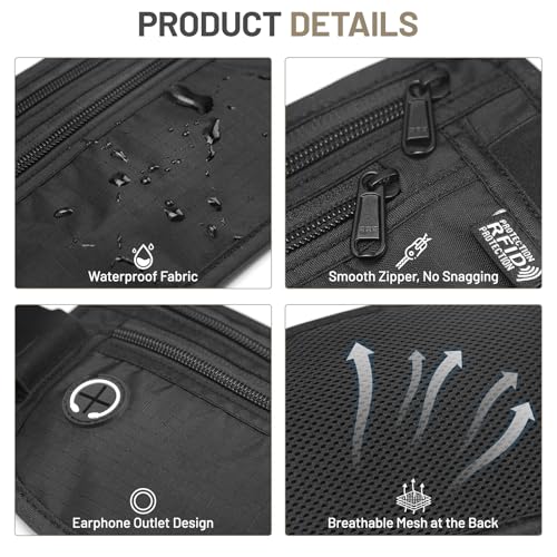 GlasFlength Flache Bauchtasche mit RFID Blocker, Diebstahlsicher Geldgürtel für Damen und Herren wasserdichte Tasche für Reisepass Diebstahlsichere Gürteltasche für Reise Sport (Schwarz)