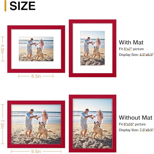 decorUhome 8x10 Picture Frame, Display Photos 5x7 with Mat or 8x10 Unmatted, Engineered Wood Frame with Plexiglass for Wall and Tabletop Display, Red, Set of 1