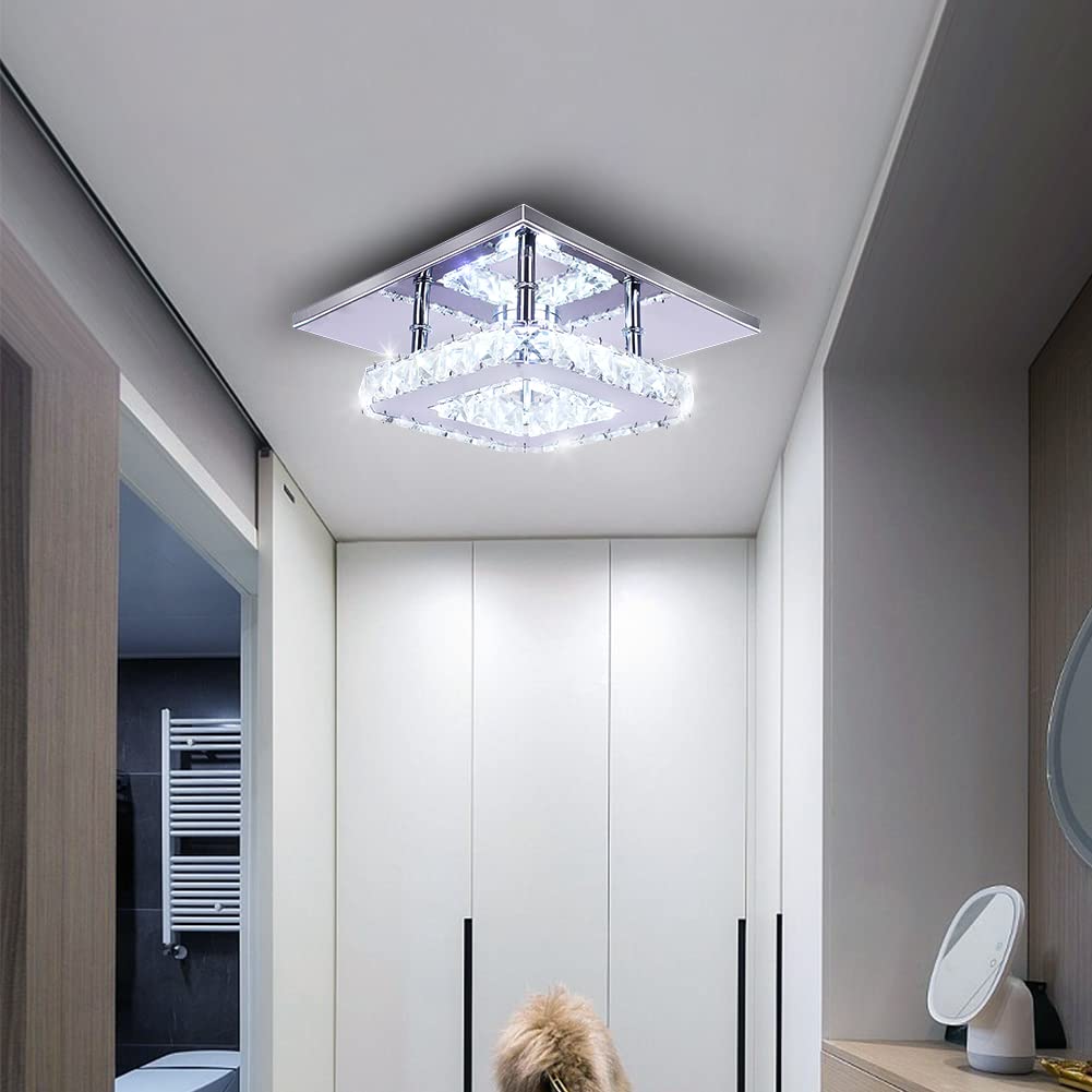Mini Kristall Kronleuchter Kristall Deckenlampe Quadrat LED Pendelleuchte für Flur Treppe (kühl weiß)