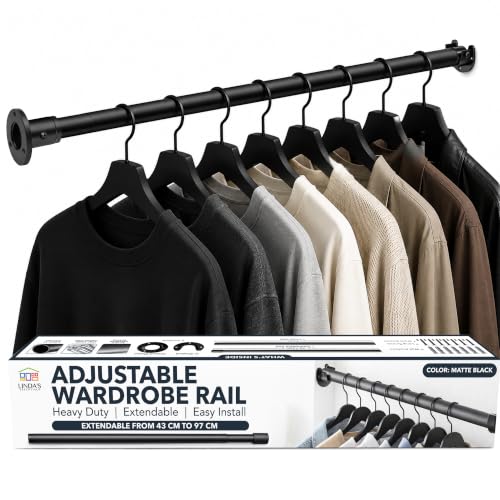 Extendable Wardrobe Rail 43-97cm Heavy Duty Metal Wardrobe Pole Wardrobe Rails and Fittings for Cupboards Closets - Adjustable Clothes Rail Pole and Extendable Clothes Rail for Wardrobe (Black)