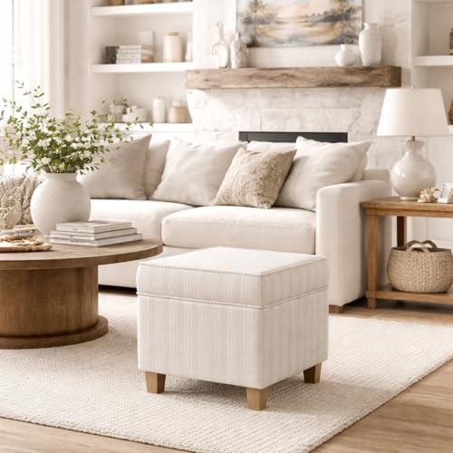 Image of HomePop 18 inch Classic Square Storage Ottoman - Marigold Pinstripe Cream