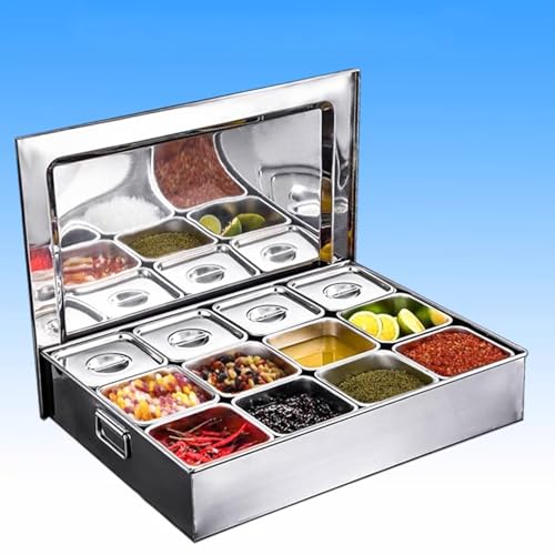 Juego de especias con compartimentos, dispensador de especias y contenedores de acero inoxidable para almacenamiento de cocina