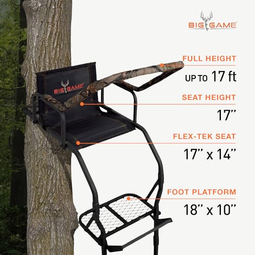 BIG GAME 1-Person Ladder Tree Stand for Hunting Deer, Flex-Tek Seat, Black - Adjustable Climbing Treestand with Platform and Safety Harness for Shooting