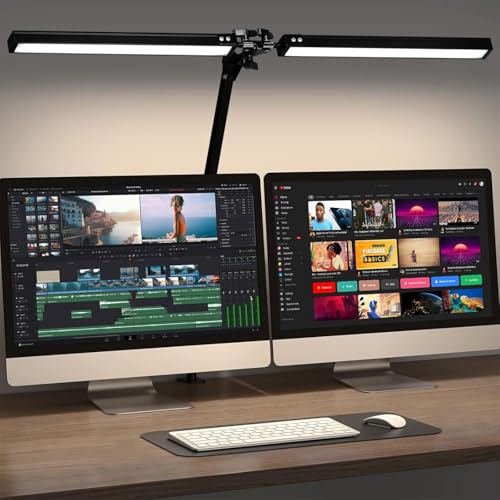 Image of NYRWANA Double Head LED Table Lamp for Study Room | Desk Lamp with Swing Arm Stand | Dimmable 3 Lighting Modes | Clamp Base Study Lamp for Reading, Work, Video Recording, Makeup & Streaming (Black)