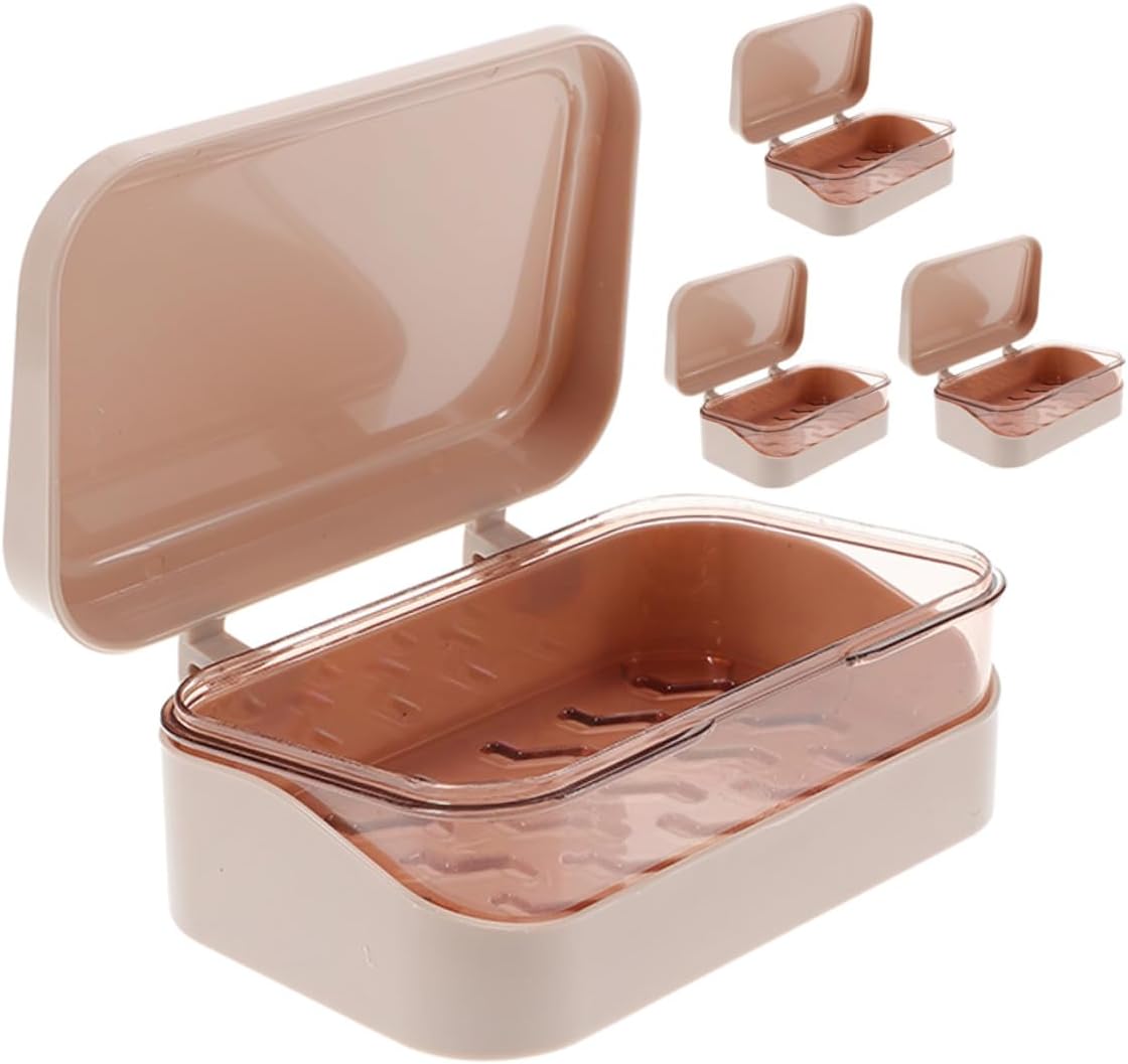 VICASKY 4pcs Pink Double Drainage Soap Dish with Lid, Removable Slotted Plastic Soap Holder for Bathroom Counter and Kitchen Sink