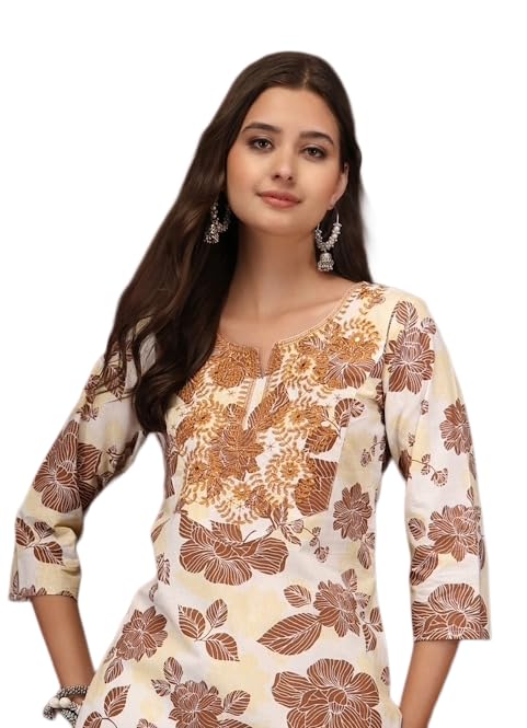 Image of Women Cotton Floral Printed Casual Straight Embroidery Kurta | Formal Kurti for Women
