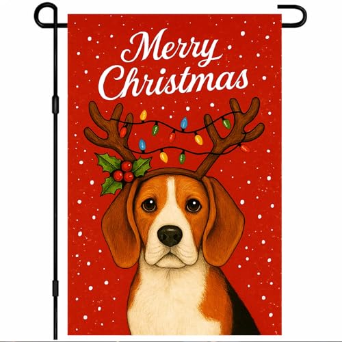Image of BlissYard Christmas Garden Flag 12x18 Inch Welcome Beagle Dog Outdoor Flag Double Sided Holiday Puppy Yard Banner with Antlers and Holly for Porch Lawn Patio