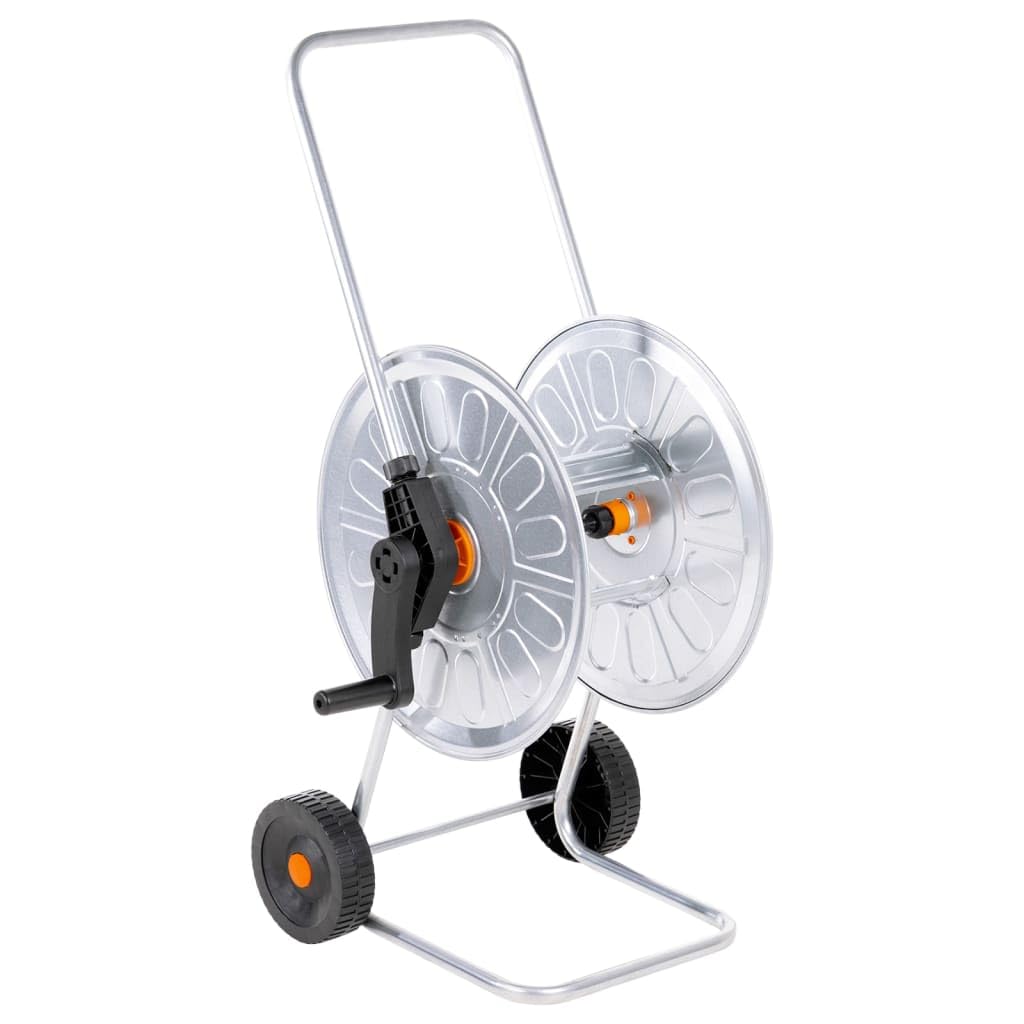 Schlauchwagen Stahl 60 m 1/2 Zoll | Verzinkte Stahlkonstruktion, Lange Griff, Integrierte Räder, Abgewinkelter Anschluss