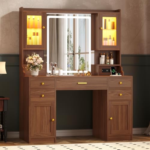 Image of Vanity Desk with LED Mirror and Lights, Makeup Vanity with RGB Cabinets | Vanity Table with Charging Station and 6 Storage Drawers, Adjustable 3 Mode Mirror Lights, Bedroom Dressing Table for Women