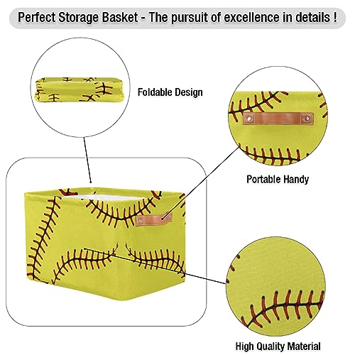 Image of AUUXVA Yellow Baseball Softball Storage Basket, Sports Theme Large Storage Bins Box with Handles, Easter Gift Baskets Ideal for Baby Kids, Room Nursery Decor, Organizing Clothes, Toys, Collapsible