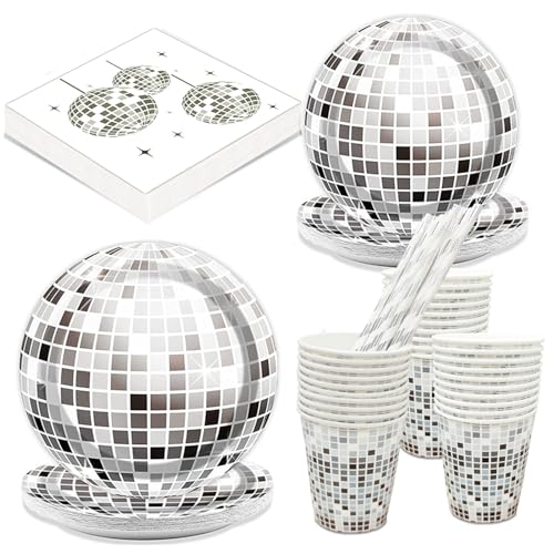 120 Stück Discokugel Partygeschirr Set,Disco 70er 80er Jahre Retro Party Geburtstagsdeko Partygeschirr，Discokugel Pappteller becher Servietten Set Disco Mitzvah Abschlussfeier Dekoration Pappgeschirr