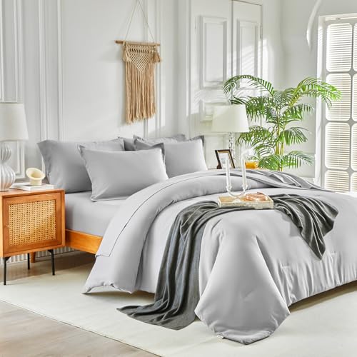 Image of Kids Comforter Sheet Set - Soft and Breathable Bed Set Includes Quilted Comforter, Fitted Sheet, Flat Top Sheet, Pillowcase and Pollowshams For Boys Girls - 7 Pieces Bed in a Bag Full Szie Gray