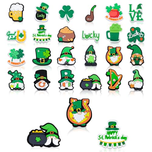 Image of FYSUIMU St. Patrick's Day Pins Green Gnome Shamrock Clover PVC Plastic Brooch Pins for Irish St. Patrick's Day Party Decorations Supplies Goodie Bag Stuffer 24 Pcs
