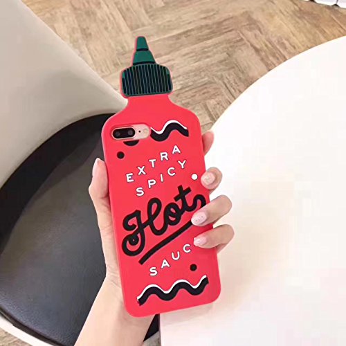 Soft Red Hot Sauce Case for iPhone 7Plus 7+ 8Plus 8+ Large Silicone Luxury Designer Fun Novelty Unique Special Cool High Fashion Bold Protective Shockproof Thick Gift Guys Boys Men Teens Girls Women