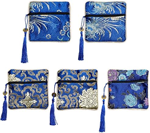 Onukaly 5PCS Jewelry Silk Purse Pouch, Chinese Silk Style Zipper Brocade Embroidered Bag for Women Coin Wallet (Deep Blue)