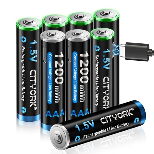 CITYORK Type-C USB 1.5V 8 Pack AAA 1200mWh Lithium Rechargeable Battery, 1.5V Constant Output, 2H Fast Charging Triple A Batteries, LED Charging Indicator (Include 2 * 4 in 1 USB Cable)