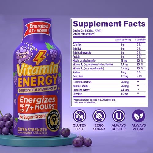 Image of Vitamin Energy Grape Pop Extra Strength Energy Shot, 48 Pack - Up to 7 Hrs, 260mg Natural Caffeine, Zero Sugar - Green Tea Extract, Immune Support, B12 B6 Niacin, 1.93 fl oz, Keto Vegan