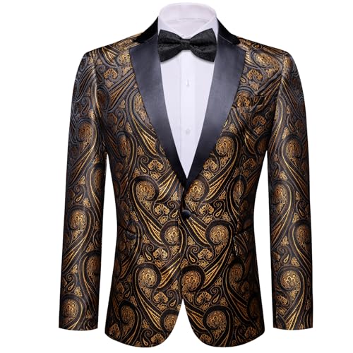 Barry.Wang Black Mens Flowers Blazer Gold Paisley Suit Jacket