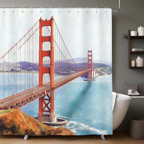 Golden Gate Bridge Duschvorhang 90x180 cm Anti-Schimmel Wasserdicht San Francisco 3D Shower Curtain Polyester Stoff Waschbar Duschvorhänge für Badewanne Badezimmer B.254