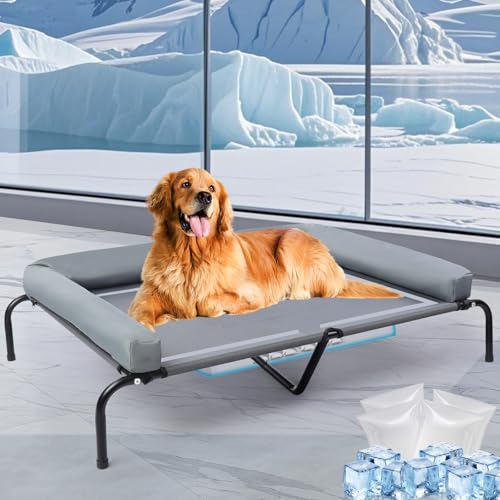 48 Cooling Elevated Dog Bed with Pillow,Outdoor Indoor Raised Dogs Bed with Six Support Feet,Breathable Dog Cot Beds Teslin Medium Large Size Dogs,Dog Hammock Bed,Outside Pet Bed with 4 Ice Pack(XL)