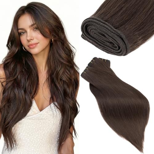 Image of Elailite Weft Hair Extensions Real Human Hair Bundles Weave Straight Double Weft Sew In Hair Extension Remy 100G - #2 Dark Brown - 18 Inch