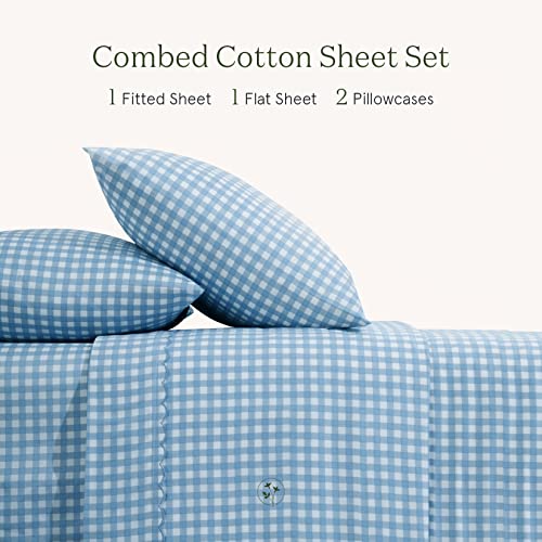 La Jolie Muse Queen Sheet Set, 100% Combed Cotton Sheets, Extra Soft, Breathable Sheets For Queen Size Bed With 15" Deep Pocket, Easy Fit, 4 Pcs Checkered Bed Sheets (Queen, Blue Gingham) #TOP2