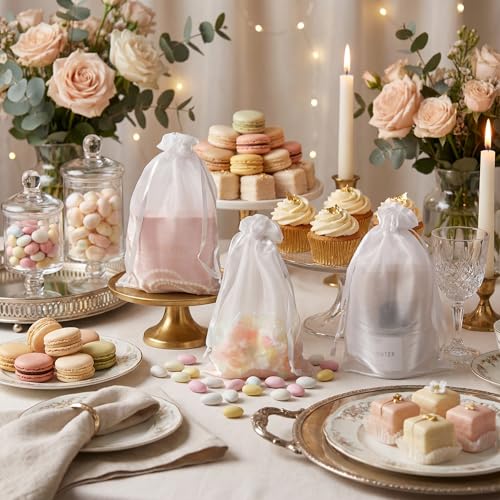 Image of QIANF 20 Pcs White Small Organza Bags 6X9 inch for Wedding Favors with Drawstring, Mini Mesh Gift Bags Jewelry Pouch for Candy Bridal Shower Party Favor Baby Shower Christmas