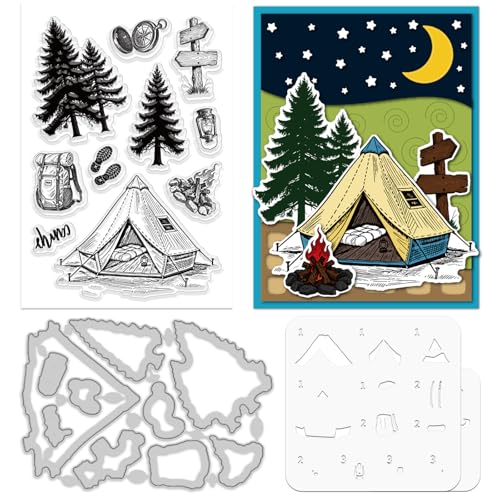ORIGACH Estêncil de campismo para fazer cartões, mochila de árvore de barraca, modelo de estêncil, carimbos transparentes de silicone e conjuntos de matrizes de metal para fazer álbuns de fotos de