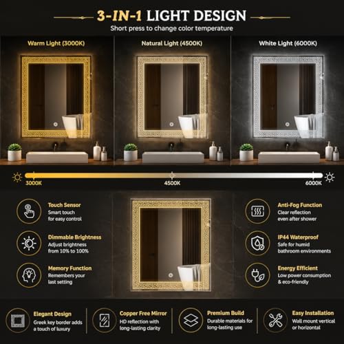 Image of LED Bathroom Wall Mirror with Decorative 3 Light Design | Touch Sensor | Warm | Natural and Cool White | for Wash Basin | Bedroom | Dressing Area Decoration (Portrait, 18x24)