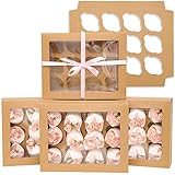 12 Cupcake Containers 20-Packs Brown 12 Count Cupcake Boxes with Window Cupcakes Carrier, 13"x10"x3.