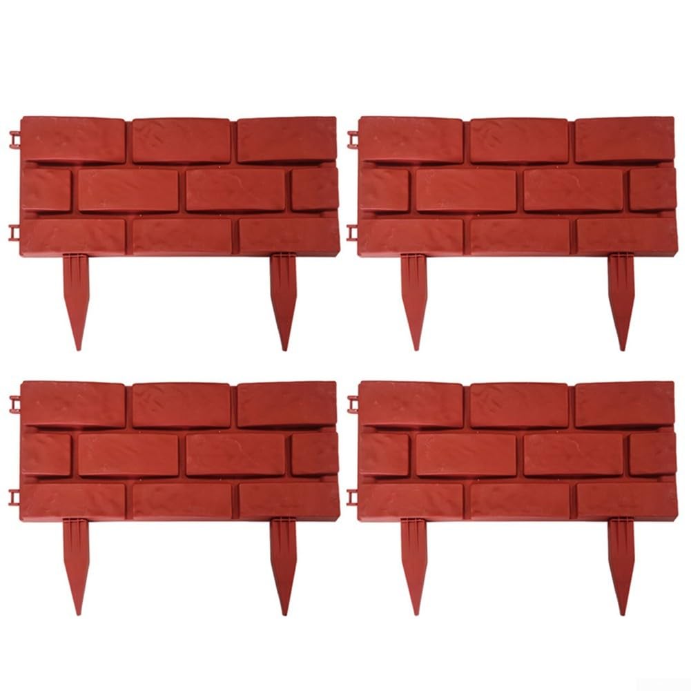 4 Piece Garden Border Fence for Stable and Attractive Flowerbed Design, Weather Resistant Plastic Material (Red)