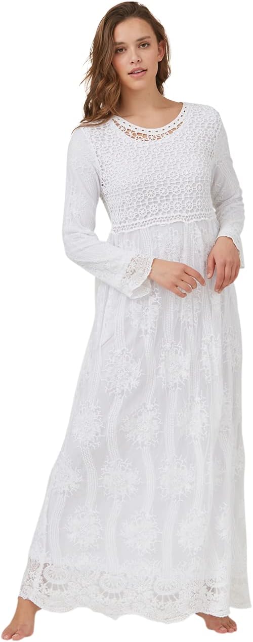 JENLDS Temple Dress in White Lace w/Crochet Bodice, Mormon Temple Dress
