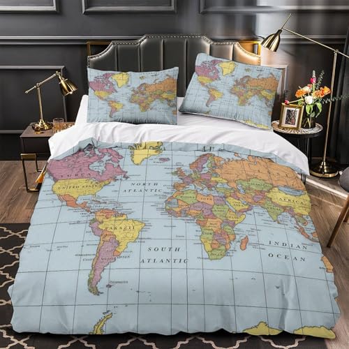 Housse de couette ado carte du monde vintage cadeau idéal 1 place