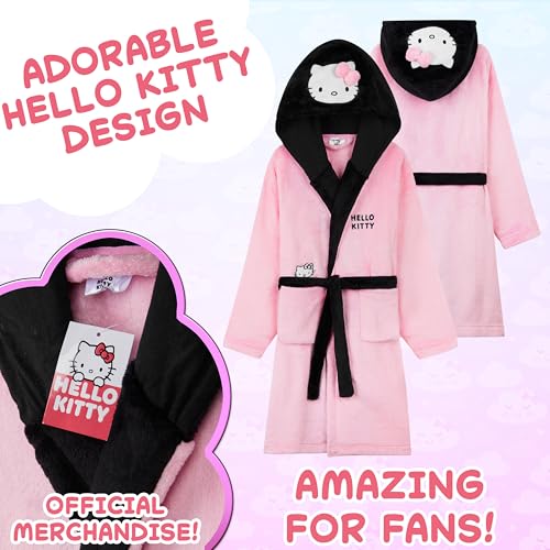 Image of Hello Kitty Sanrio Robe for Girls, Teens, Fleece Hooded Bath Robe Cozy Loungewear Cinnamoroll Kuromi Kawaii Gifts For Girls (9-10 Years, Pink Hello Kitty)