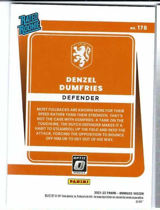 DENZEL DUMFRIES 2021-22 Panini Donruss Road to FIFA World Cup Qatar 2022#178 Rated Rookie OPTIC PARALLEL Soccer Card RC Netherlands Inter Milan