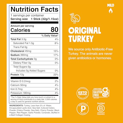 Image of Chomps Original Turkey Jerky Snack Sticks Keto Paleo Whole30 Approved Gluten Free 1.15oz (24 Pack)