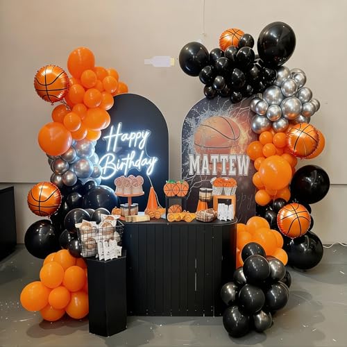 Image of Basketball Balloon Arch Kit, 111pcs Orange and Black Silver Balloons Garland Kit with Explosion Star Balloons, Sports Balloon Kit for Boys Birthday Baby Shower Sports Theme Decorations Supplies