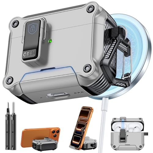 Image of Inesore for AirPods Pro 3 Case with Secure Lock (Silver) | Phone Stand Design,Compatible with MagSafe,Automatic Snap Switch Secure Cover with Cleaner Kit & Keychain