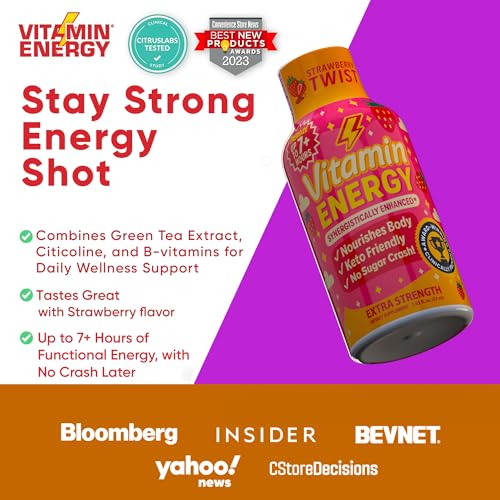 Image of Vitamin Energy Immune+ Extra Strength Energy Shot Strawberry Twist 10 Pack, 260mg Natural Caffeine, B-Vitamins, Citicoline, Green Tea, Immunity & Focus Support, Zero Sugar, Gluten-Free 1.93 fl oz