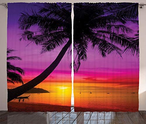 Ambesonne Tropical Curtains, Palm Tree Silhouette on Beach at Sunset Summertime Travel Destination, Living Room Bedroom Window Drapes 2 Panel Set, 108" X 84", Orange Purple