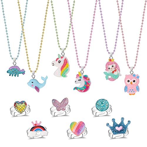 HIFOT 12 Piezas Joyas Set Niña Collar Anillos Infantiles Lindo Unicornio Sirenas Búho Dinosaurio Collar de cuentas y anillos ajustables, Princesa Joyas Articulos Fiesta Cumpleaños Regalo