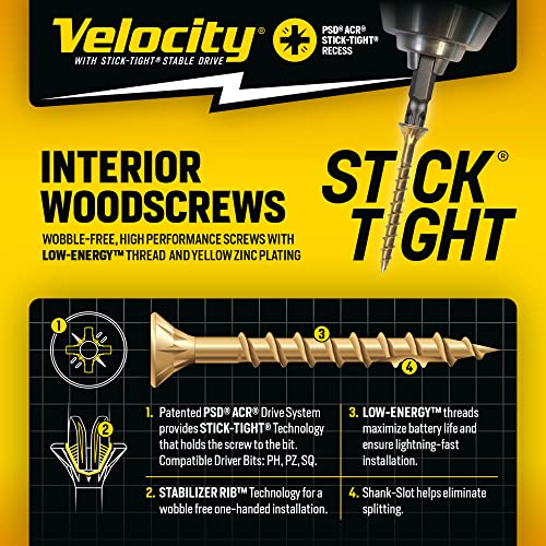 Image of Velocity Interior 1 1 /2 Inch Wood Screws DIY Pack (Size #10, 90 Pcs) - Zinc and Yellow Coating, Stick-Tight Technology, Screw for Wood Working with PSD ACR Driver Bit