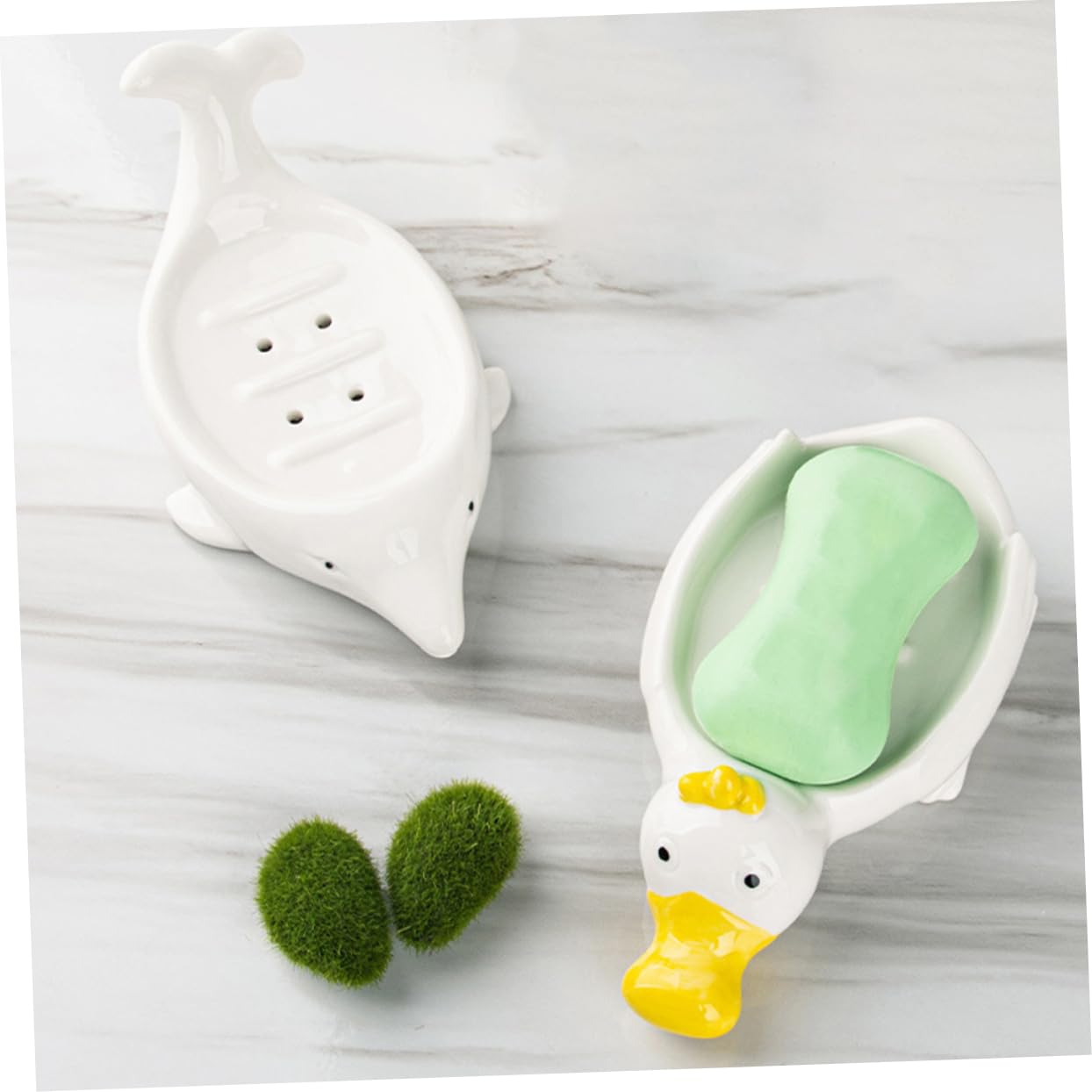Jabonera de Cerámica Animal Marino Blanco 2 Piezas para Baño | Autodrenaje, Soporte para Esponja y Joyas, Decoración de Aseo, Obsequio de Inauguración