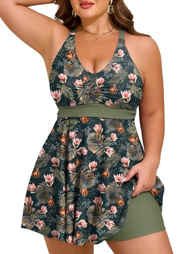 HUSKARY Plus Size Swim Suits for Women Tummy Control V Neck Flowy Hide Belly Tankinis Two Piece with Adjustable Straps and High Waisted Swim Shorts Green Flowers