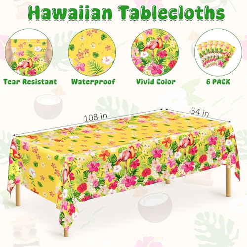 Image of QZYL 6 PCS Luau Tablecloths, 54 x 108 Inches Hawaiian Table Cloths, Disposable Luau Party Supplies Tropical Decorations with Flamingo Palm Leaves, Aloha Party Decorations Summer Decor for Tiki Bar