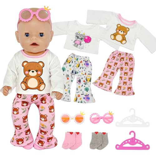 Atomvia Baby Puppen Puppenkleidung 43 cm 10-teiliges Puppen Outfit Set mit Bären und Eulen Oberteil Schlaghose Brillen Socken und Kleiderbügeln Babypuppen Kleidung 3543 cm (Ohne Puppe)