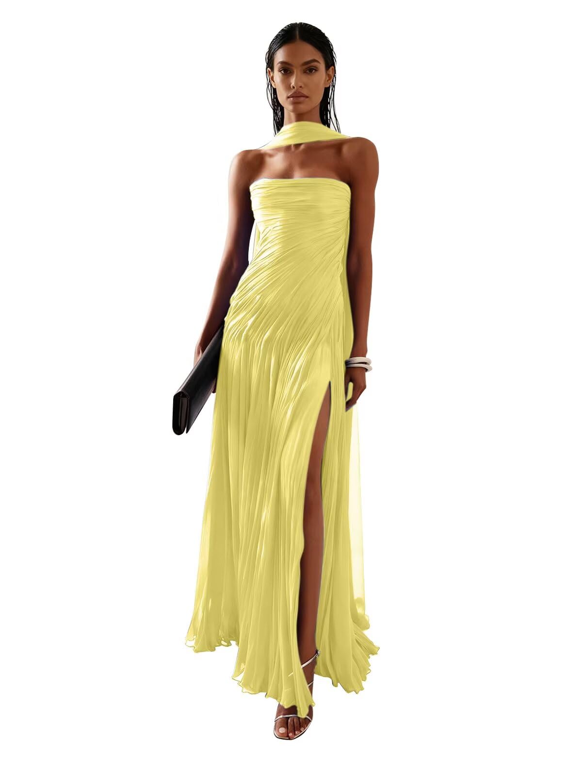 Pleated Chiffon Bridesmaid Dresses Strapless Formal Wedding Guest Dress with Scarf Slit Prom Evening Gowns