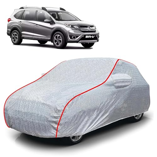 Image of Sulfar 100% Waterproof Car Body Cover Compatible with Mirror for Honda BRV (Triple Stitched, Full Bottom Elastic, Magic Silver with Red Piping)
