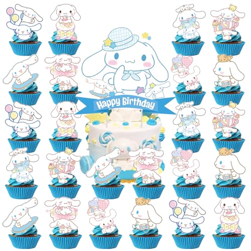 25pcs Cupcake Toppers with 1 Happy Birthday Cake Topper Cute Anime Hello Pink Cat Themed Party Supplies Perfect for Birthday Party Decorations (Style C)